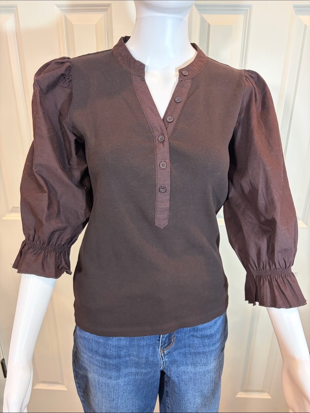 Women's Brown Puff Sleeve Henley Blouse